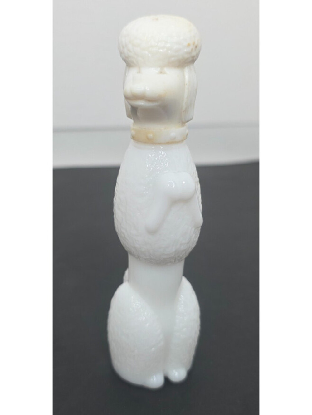 Vintage Avon Bon Bon White Poodle Milk Glass Cologne Decanter Bottle Empty 5"